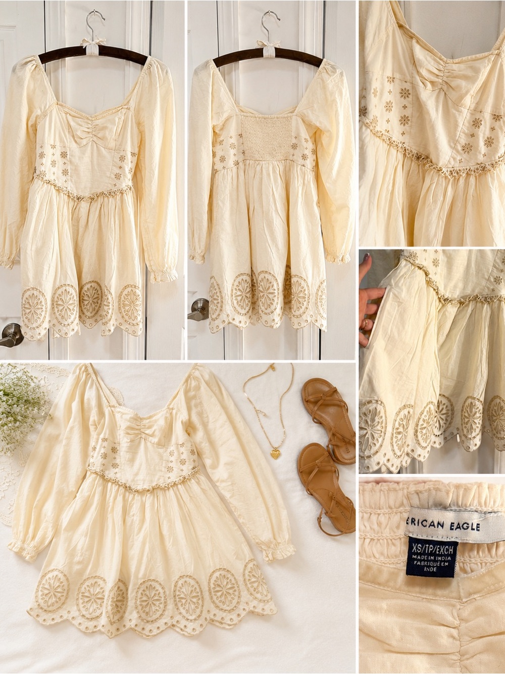 AE Cream Embroidered Puff Sleeve Mini Dress Cottagecore XS with POCKETS! 🤗